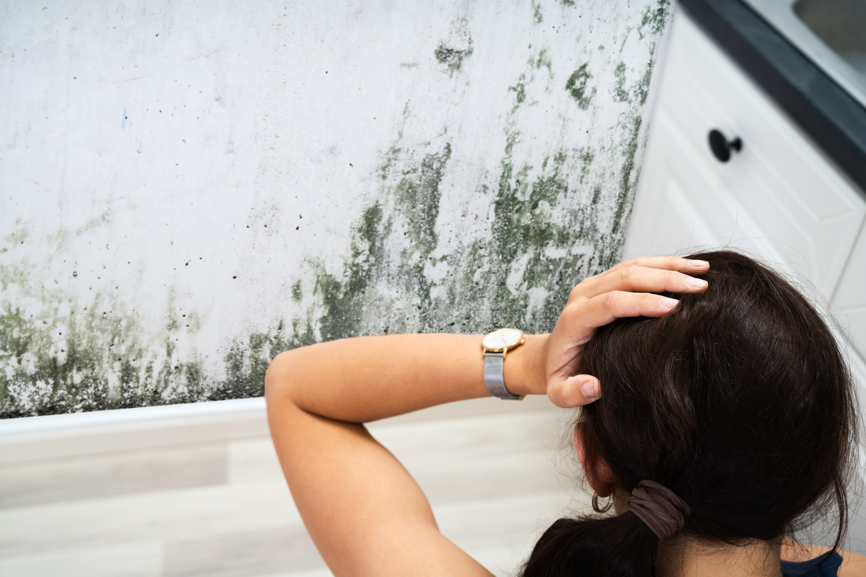 Woman Looking At Mold Wall Damage